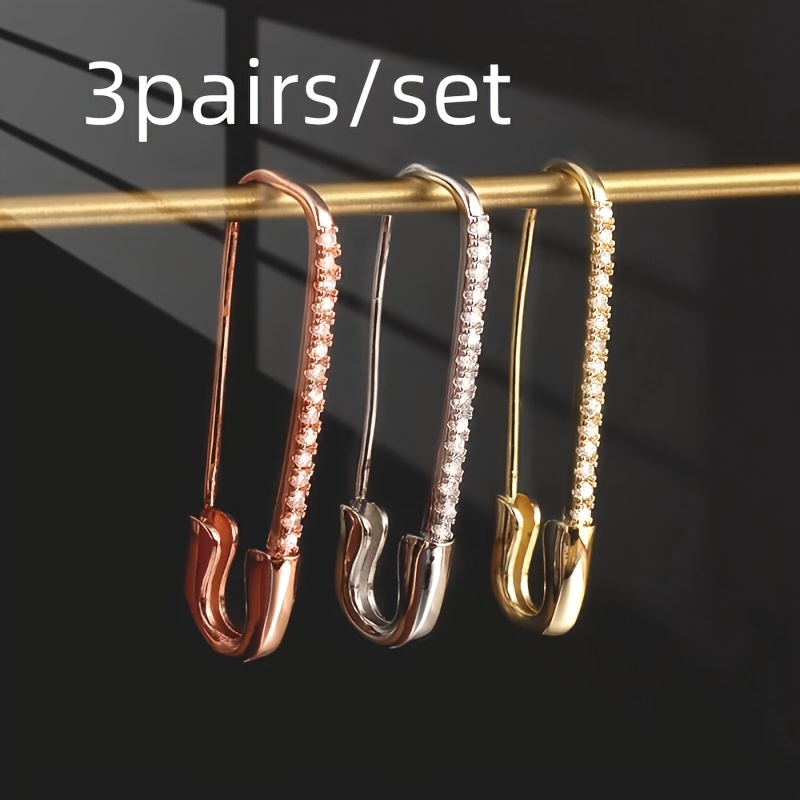 

3 Pairs/set Ladies Copper Safety Pin Earrings, Bohemian & Elegant Style, Women's Fashion Jewelry Accessory