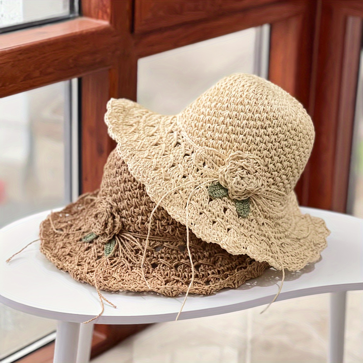 Crochet Straw Sun Hat with Wide Brim Foldable Beach Hat Crochet Straw Hat With Wide Brim Foldable Sun Hat For Women  main image 4