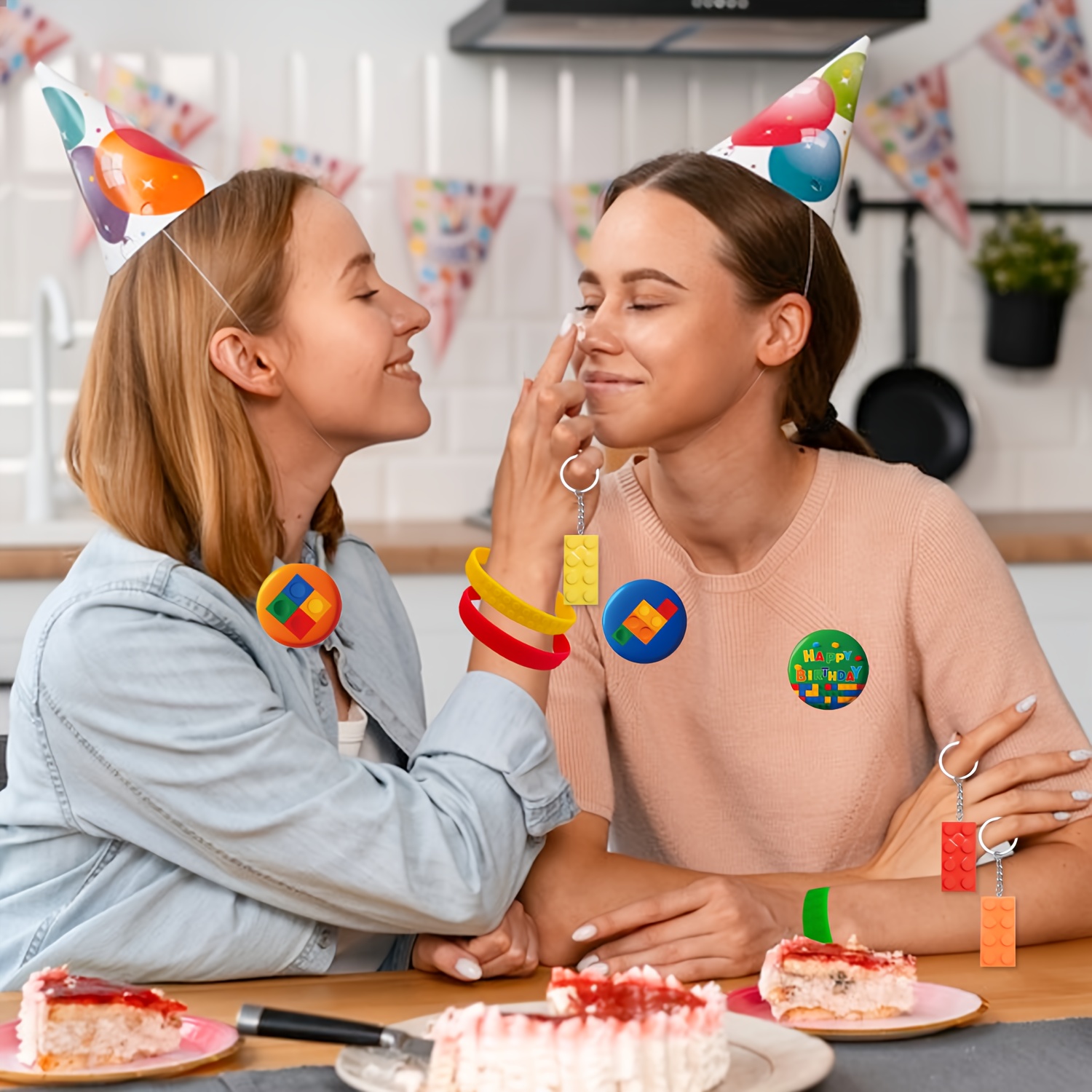 24pcs, Multi-item Party Gift Bag, Building Block-themed Birthday Bracelet And Badge Set