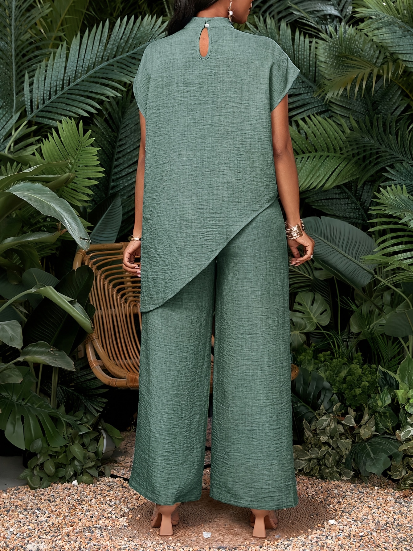 Women's Vacation Casual Solid Color Asymmetrical Hem Top and Pants Two-Piece Set, Autumn Women's Clothing