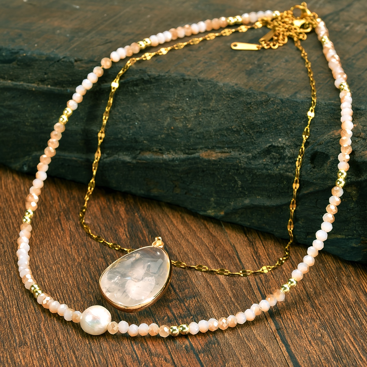 2pc Set Baroque Freshwater Pearl Necklace Quartz Pendant Necklace