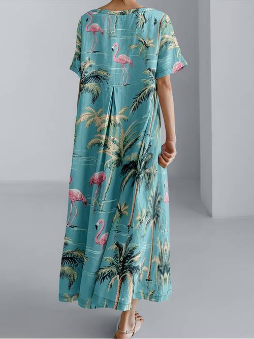 womens plus size tropical flamingo print maxi dress breathable lightweight stretchy fabric loose fit long skirt with layered hem machine washable summer beachwear for casual flowy silhouette