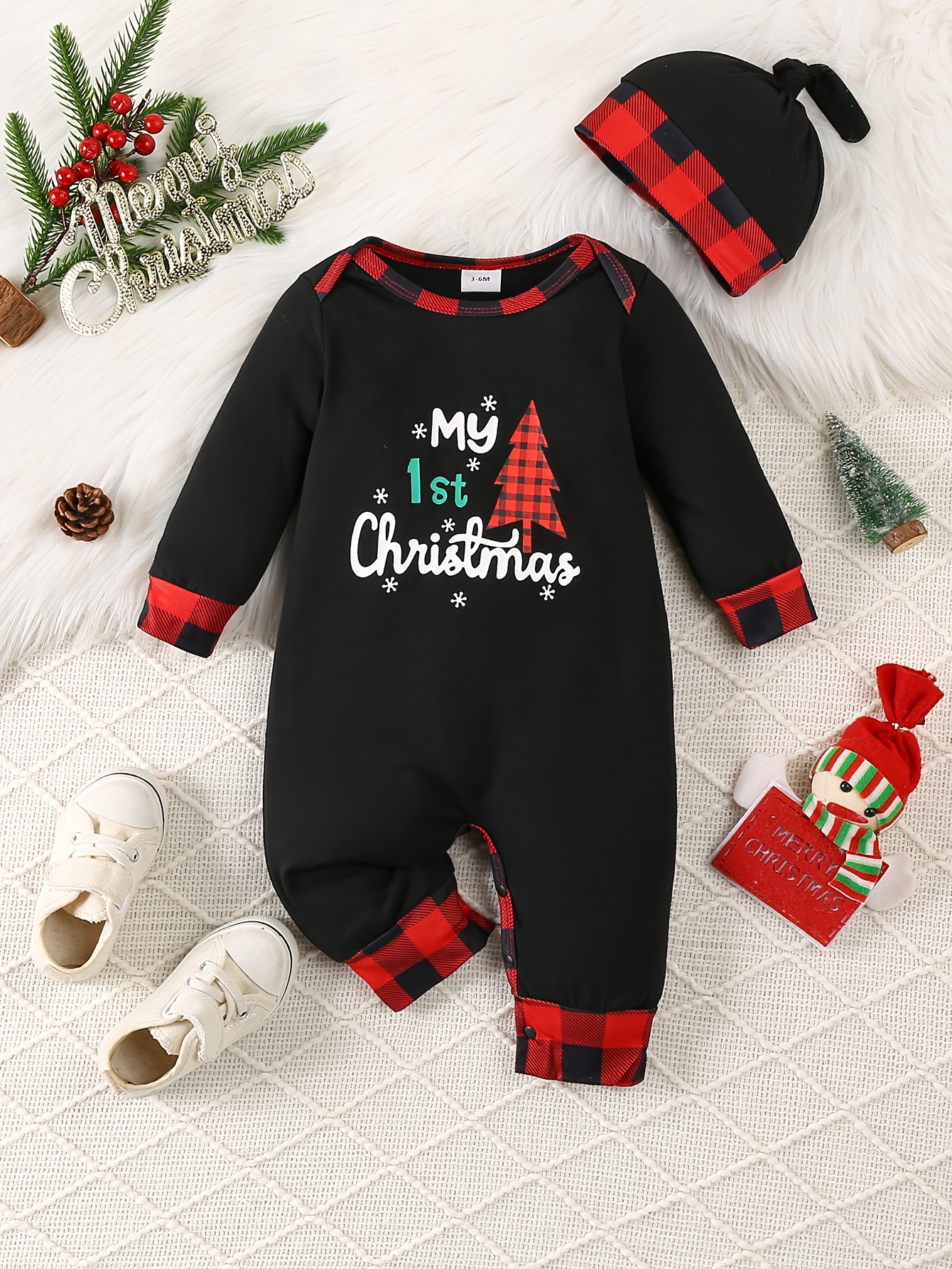 newborn baby christmas print long sleeve romper 1st - Temu