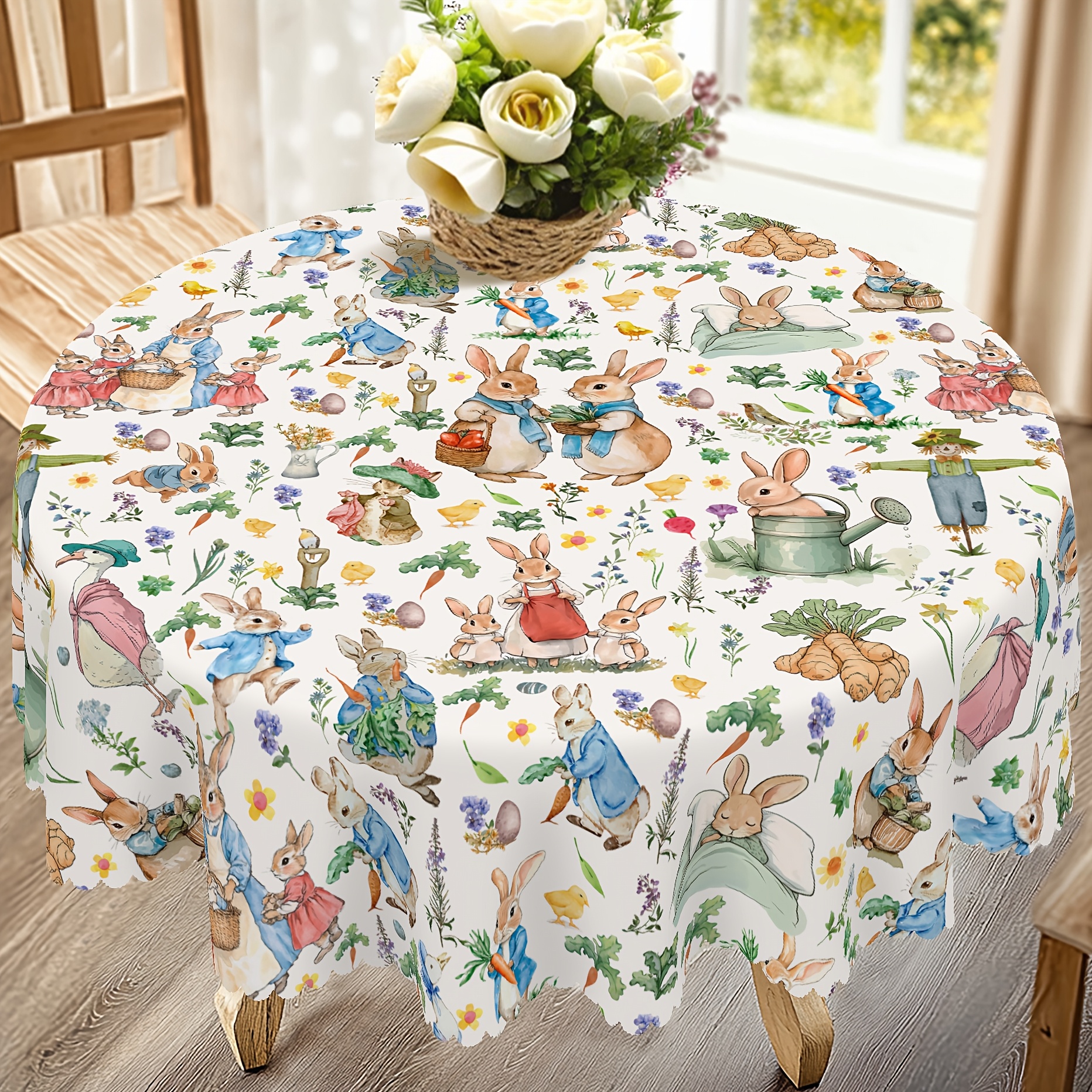 

1pc Easter Bunny Tablecloth, Polyester Round/rectangular Table Cover, Pattern, Machine Made, Home & Party Decor, Universal Holiday Gift