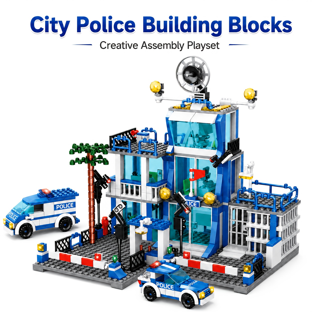 TEMU Blue Police Building Cityscape With 2 Patrol Cars And Accessories, A City Scene Featuring Police And Accessories, Offering An Building . The