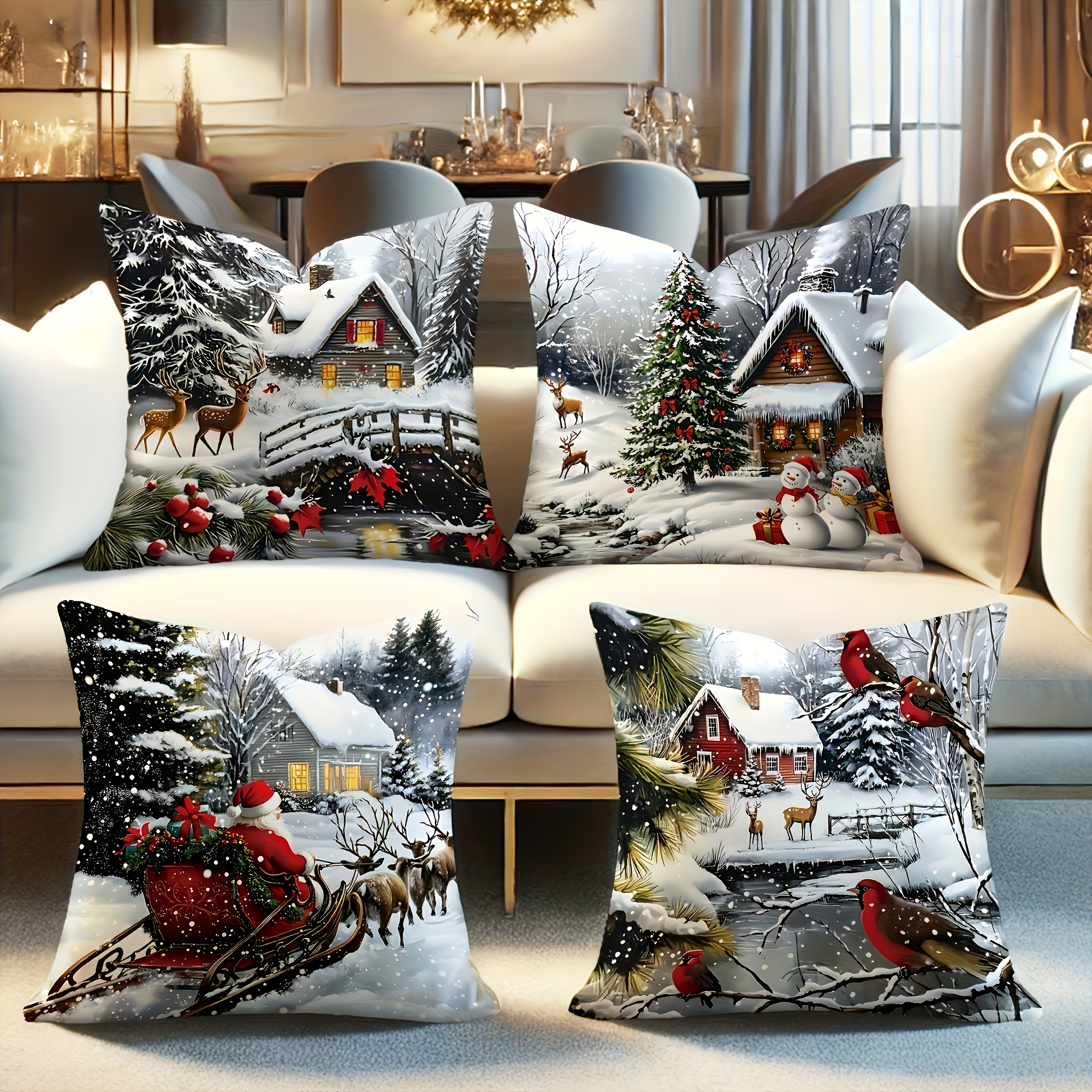 TEMU 4pcs Christmas Pillow Cover Set, Double-sided Print With Snowman, Santa And Reindeer, Zippered, Machine Washable Polyester Cushion Cases. Decor