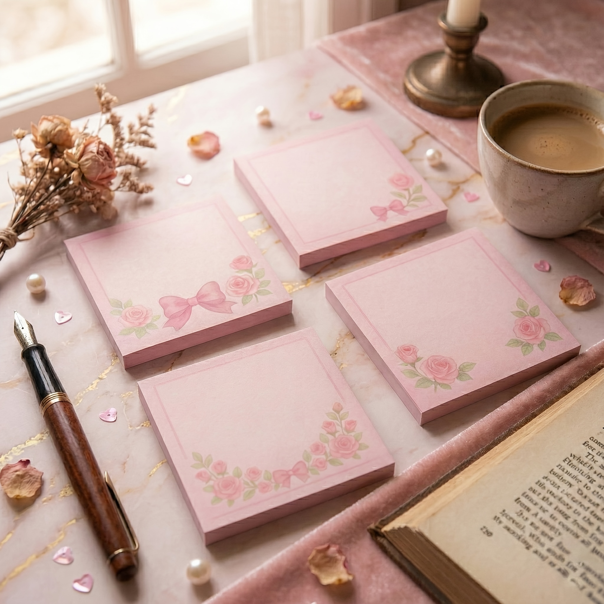 TEMU 4-pad Elegant Floral Sticky Notes With Pink Rose & Bow - 3x3 Inch Square Suitable For Women, Teacher Gifts, Birthday Presents, Office Supplies,