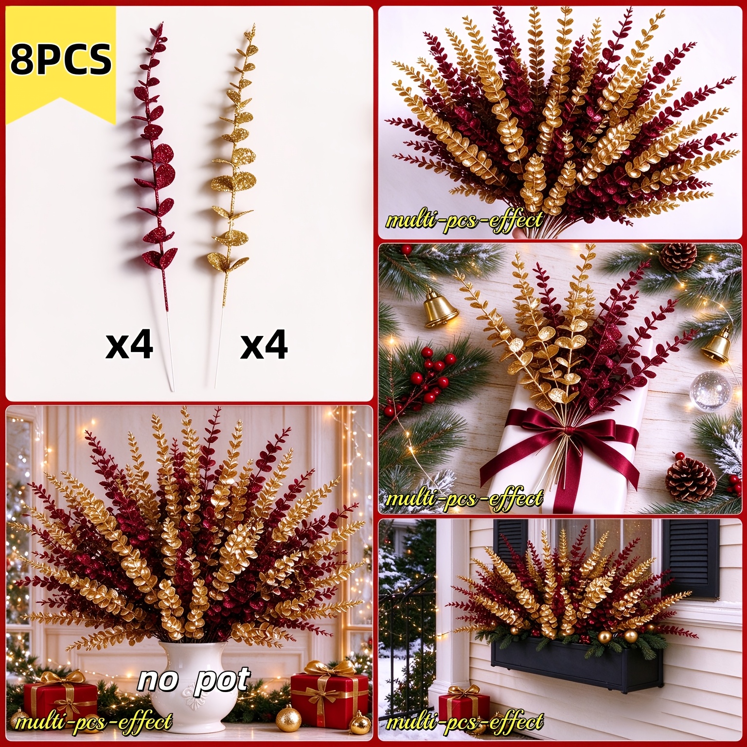 TEMU 8pcs Mixed Simulation Single Eucalyptus, Including 4pcs Simulated Golden Glitter Eucalyptus And 4pcs Burgundy Glitter Eucalyptus, Suitable For