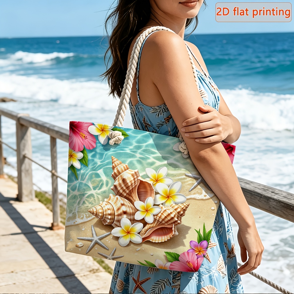 TEMU 1pc 2d Flat Beach Flower Printed Tote Bag, Double Comfortable Handles And Removable Strap, Zipper Closure, Suitable For Casual , Shopping, Beach
