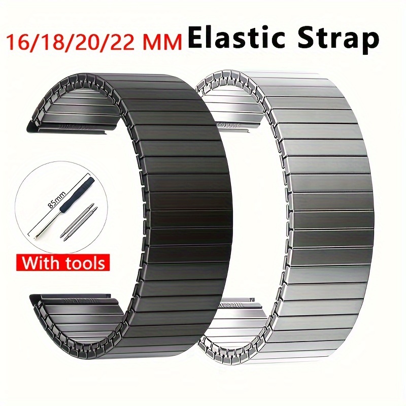 

1pc Solid Stainless Steel Watch Band 20mm 22mm 16mm 18mm, Elastic Stretch Wristband, Brushed Metal Expansion Strap With Tools, Watch Accessories, Straight End, No Buckle For Men Women