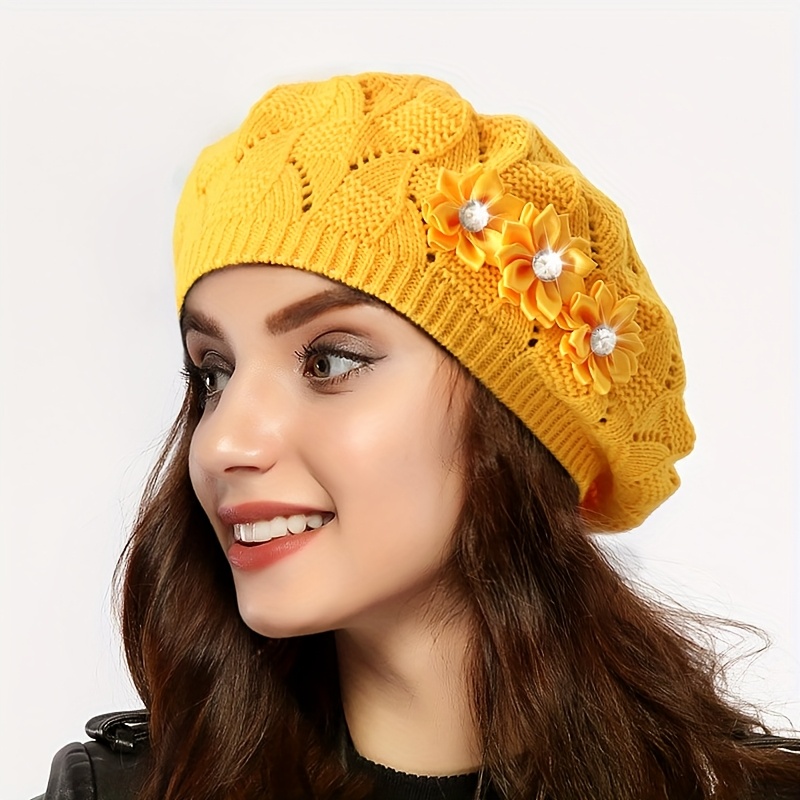 womens floral beret hat winter beanie flower accent non  display picture 2
