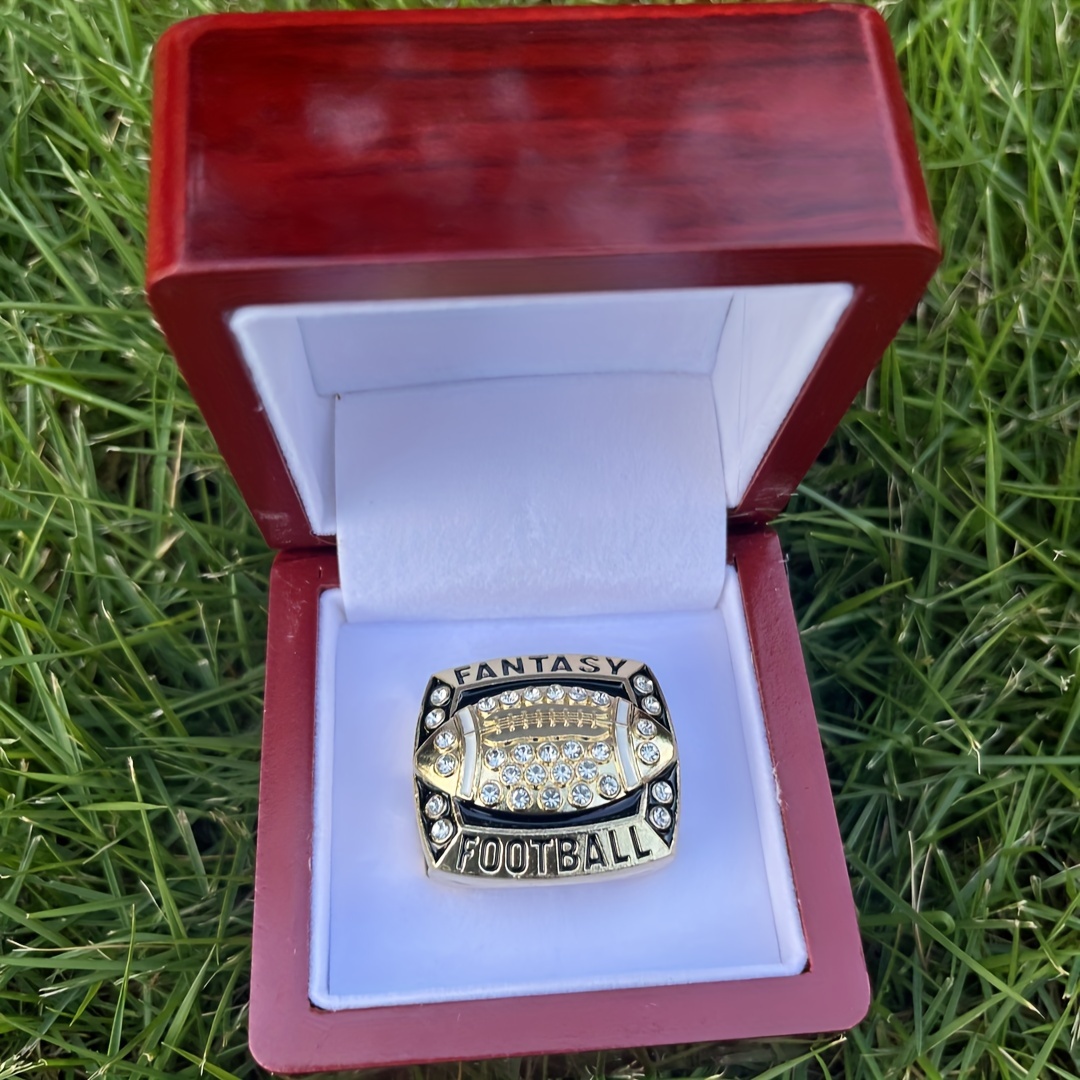 TEMU Football Championship Ring With A Boutique Wooden Box For Gift Collection