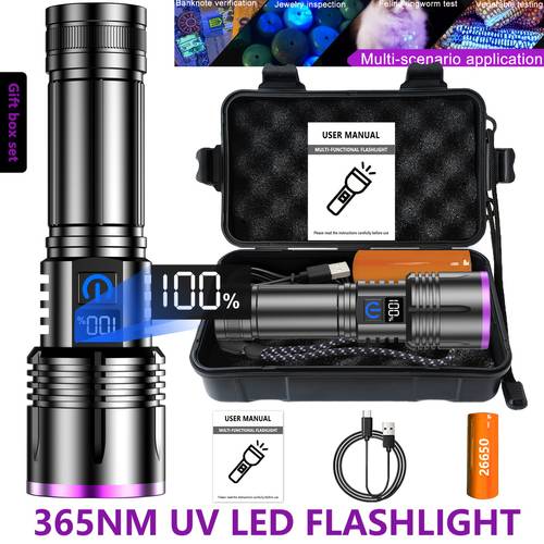 1pc aluminum alloy high power 365nm uv flashlight portable uv light type c charging reverse charging 26650 battery suitable for fluorescence detection hotel room inspection ideal as a christmas gift or for office bedroom