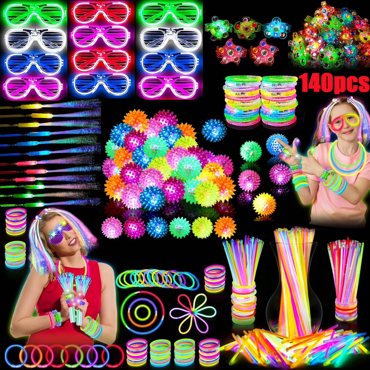 140  in the dark party supplies   with 6 led glasses 6 led light up fidget spinner bracelets 10 light up balls 6 colorful glow fiber wands 12 flashing bracelets and 100 glow sticks bulk party birthday wedding carnivals concert