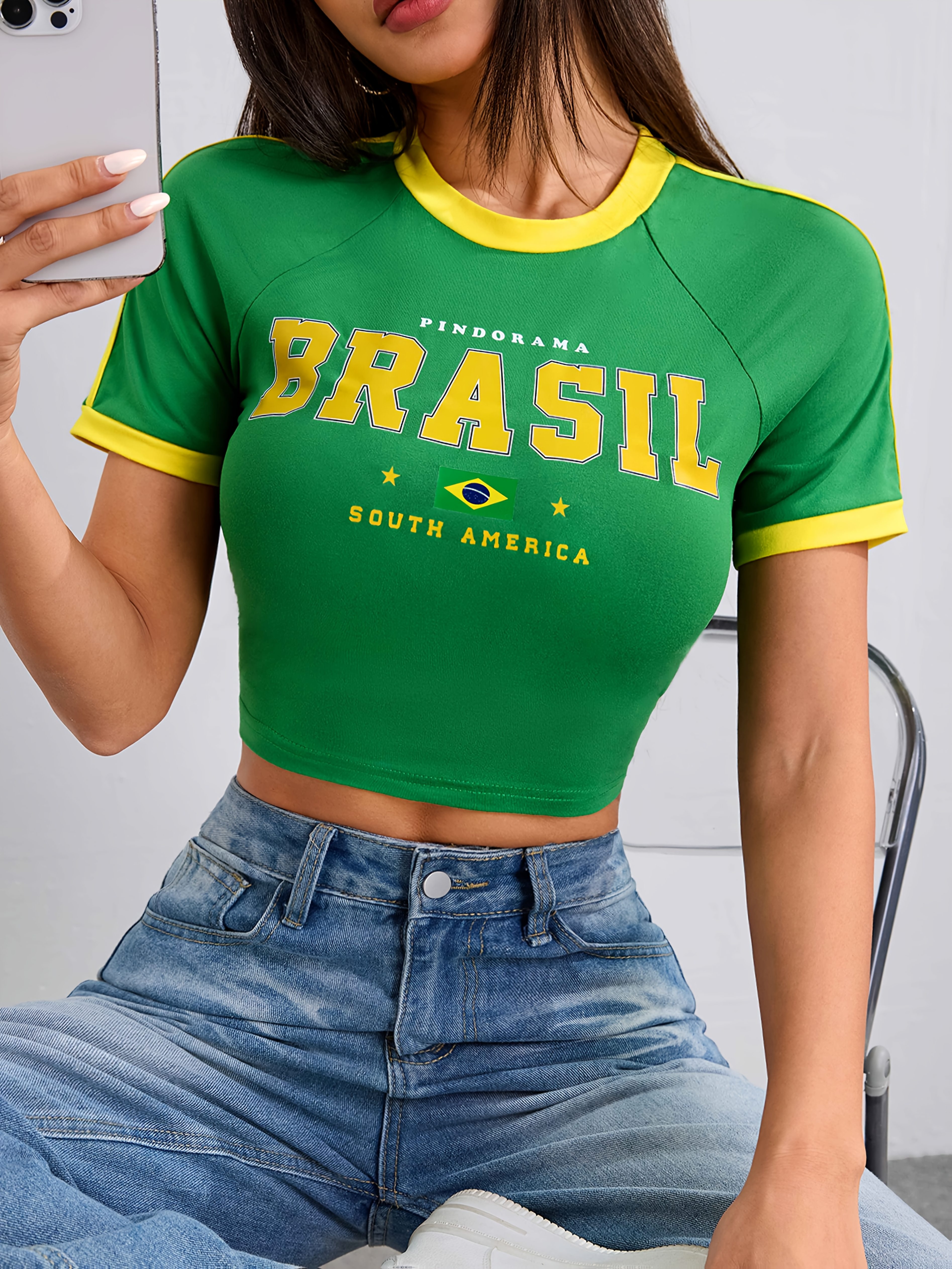 Letter Print Crew Neck T-Shirt, Y2K Short Sleeve Crop T-Shirt For Spring & Summer, Women's Clothing