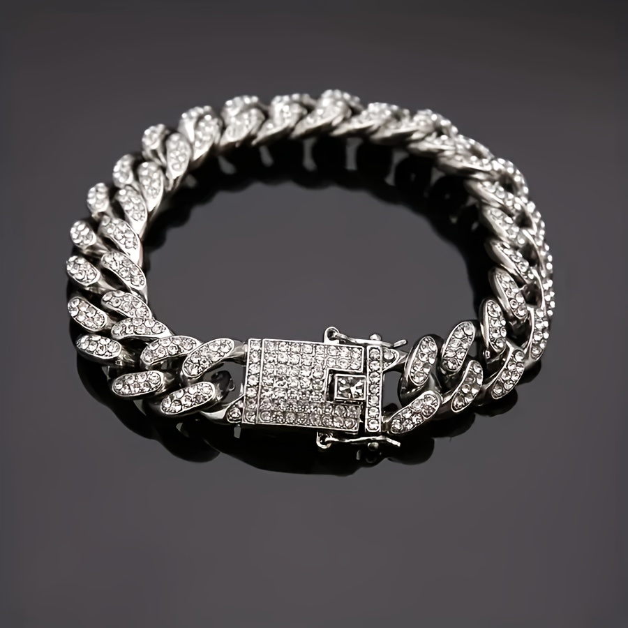 TEMU 1pc Gorgeous Synthetic Synthetic Cubic Zirconiaia Hip-hop Bracelet, Vintage Cuban Bracelet, Rapper Bracelet, Fashion Jewelry For Daily Parties,