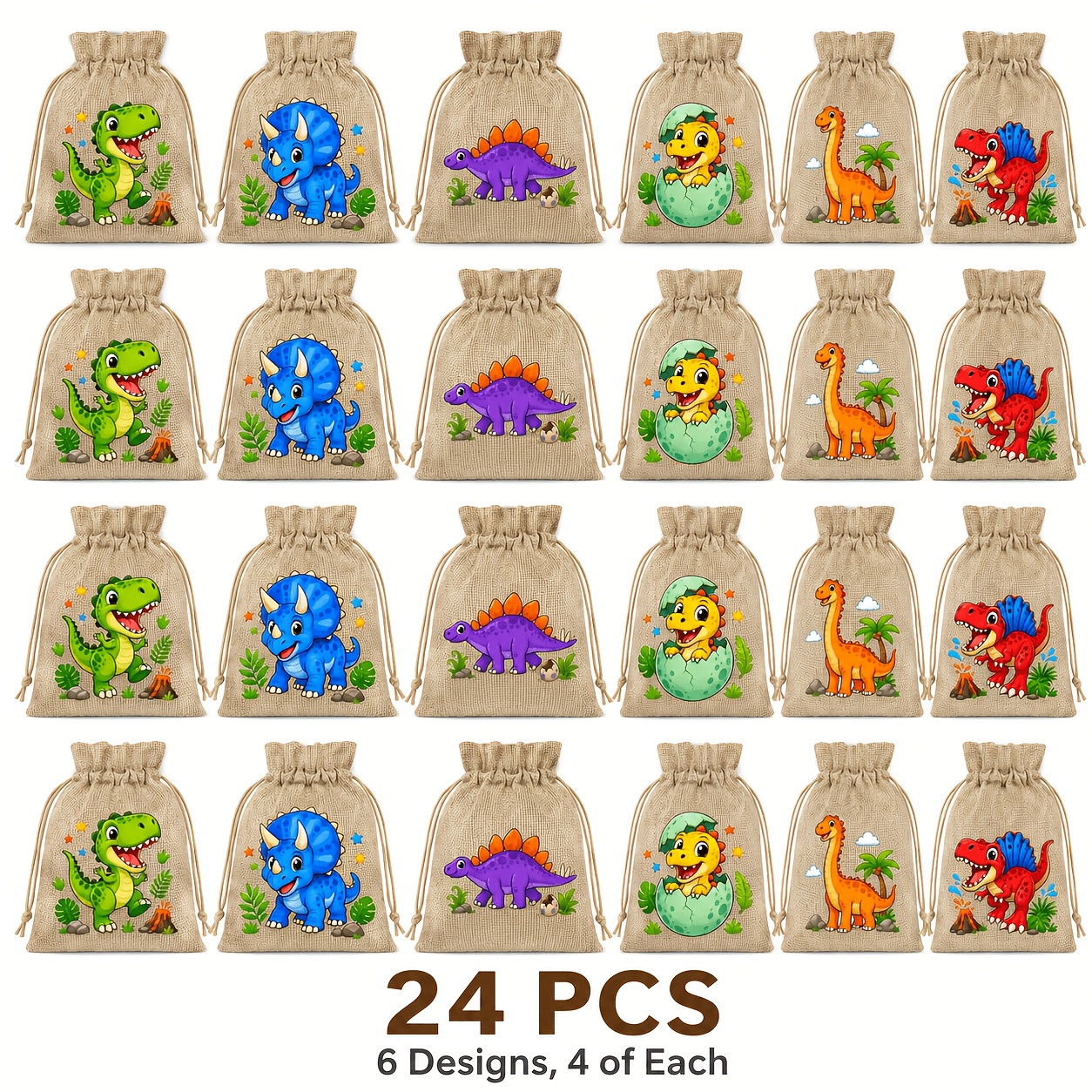 TEMU Regalo para Ella/Él, Bolsas de Arpillera con Temática de Dinosaurios, Paquete surtido de 24 piezas, 10x14 cm, Bolsas de Dulces para , Bolsitas