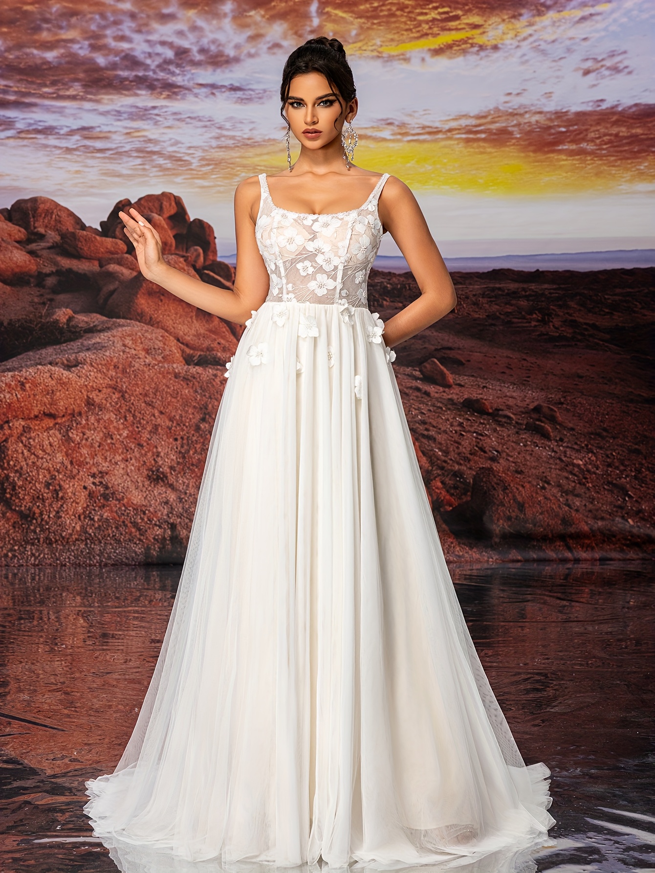 white halter wedding dress three dimensional flower fairy - Temu