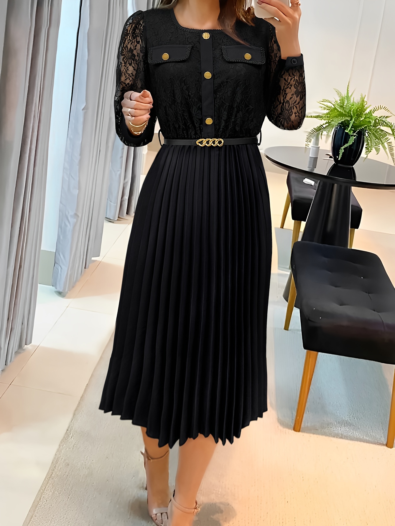 Elegant Lace Trimmed Long Sleeve Dress Belt Women Polyester