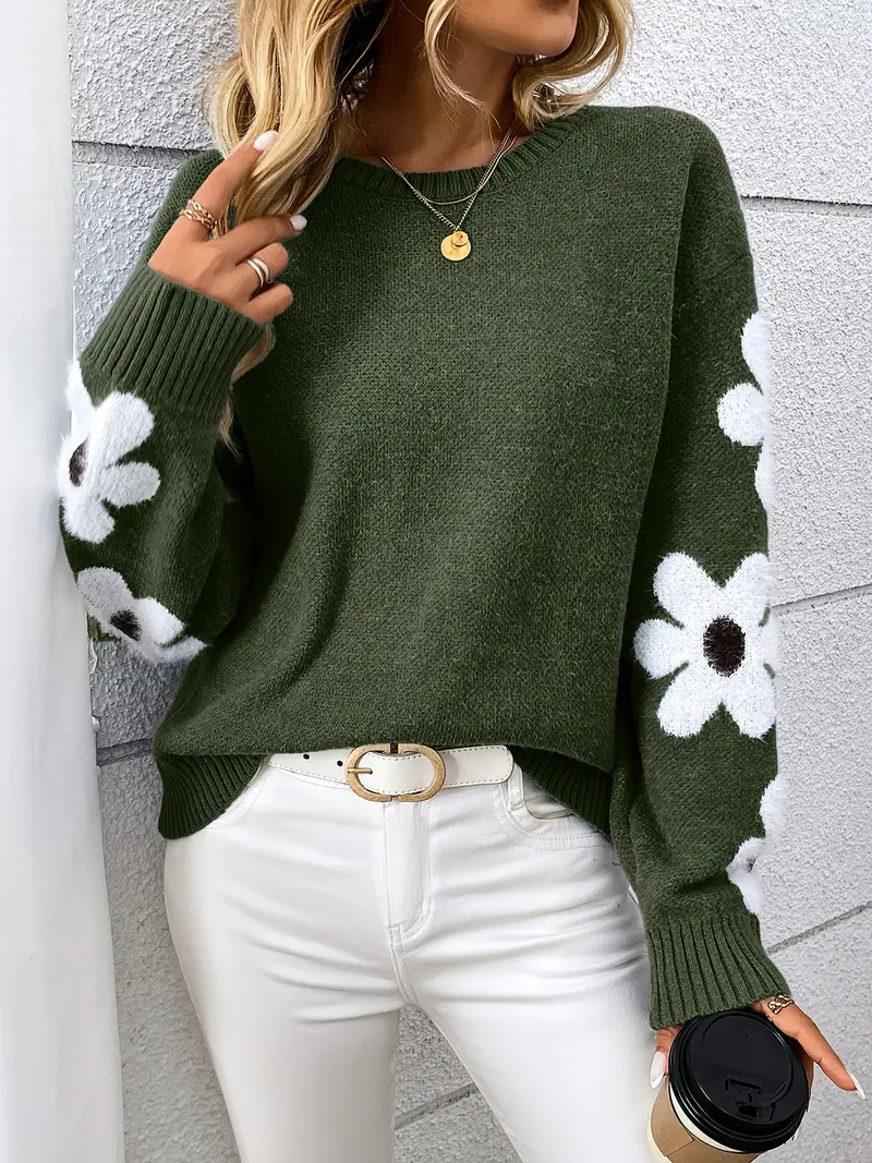 floral patterned crew neck knit sweater elegant and chic polyester blend knit fabric 359 g m Product details 1