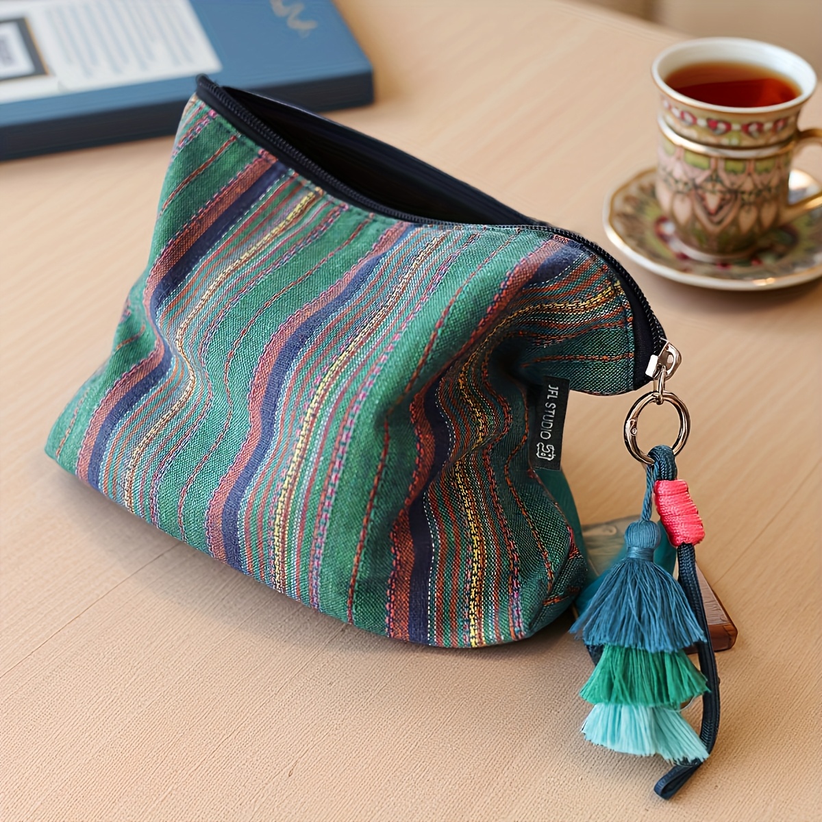 Temu Bolsa De MãO ÉTnica Decorativa Com Franjas Coloridas àS Riscas, Organizador De Viagem Com Fecho, E De Cabine Com Compartimento Para TelemóVel-image