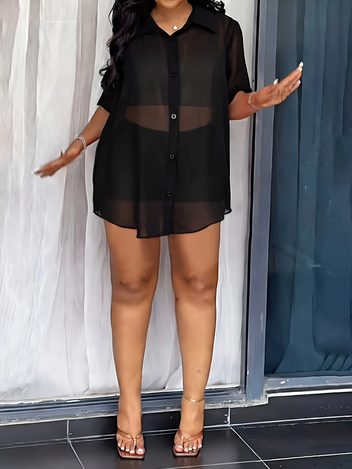 macy's gold and black dress Black Sheer Long Sleeve Oversized Shirt Dress
