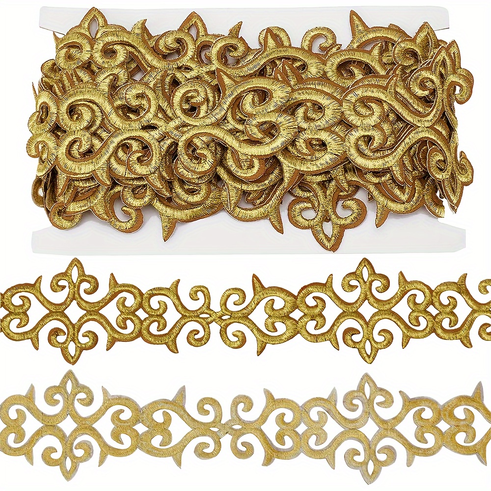 

Golden Vintage Embroidered Polyester Satin Ribbon, 5.2 Yards - 3 Inch Adhesive Iron-on Metallic Scroll Lace Trim For Sewing, Dresses, Home Decor, And Apparel Accessories