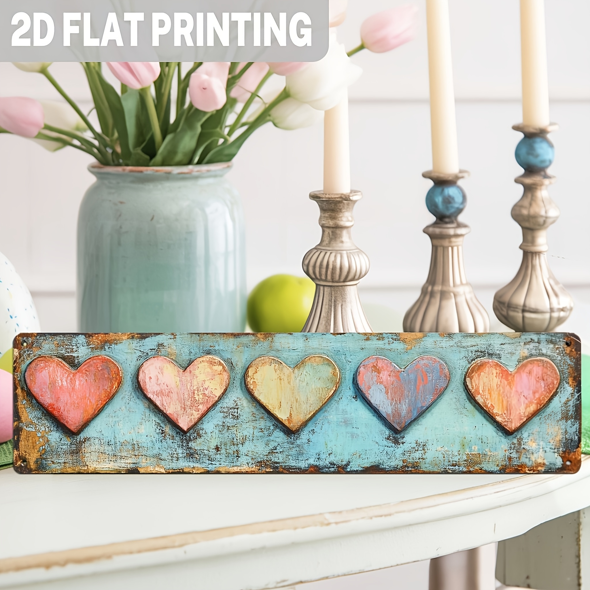 Image of 2d Flat, 2d Flat - 1pc Hearts Metal Sign 2d Flat, Vintage Style, Wall Art For Bedroom, Living Room, Wedding, Anniversary, Mother's Day, 3.93x15.74 Inch