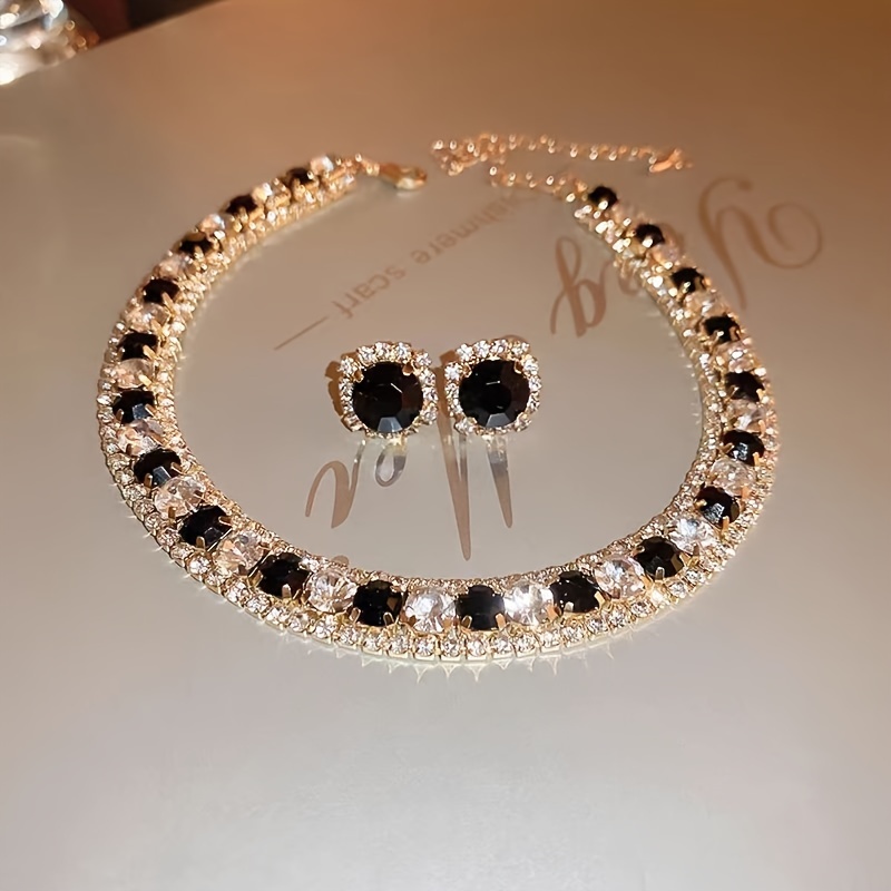 

Elegant Black Rhinestone Jewelry Set For Women - Vintage-inspired Luxurious Necklace And Earrings Combo, Ideal For , Parties, And Gifting - Japan And South Korea Style, Luxe Iron , No Plating