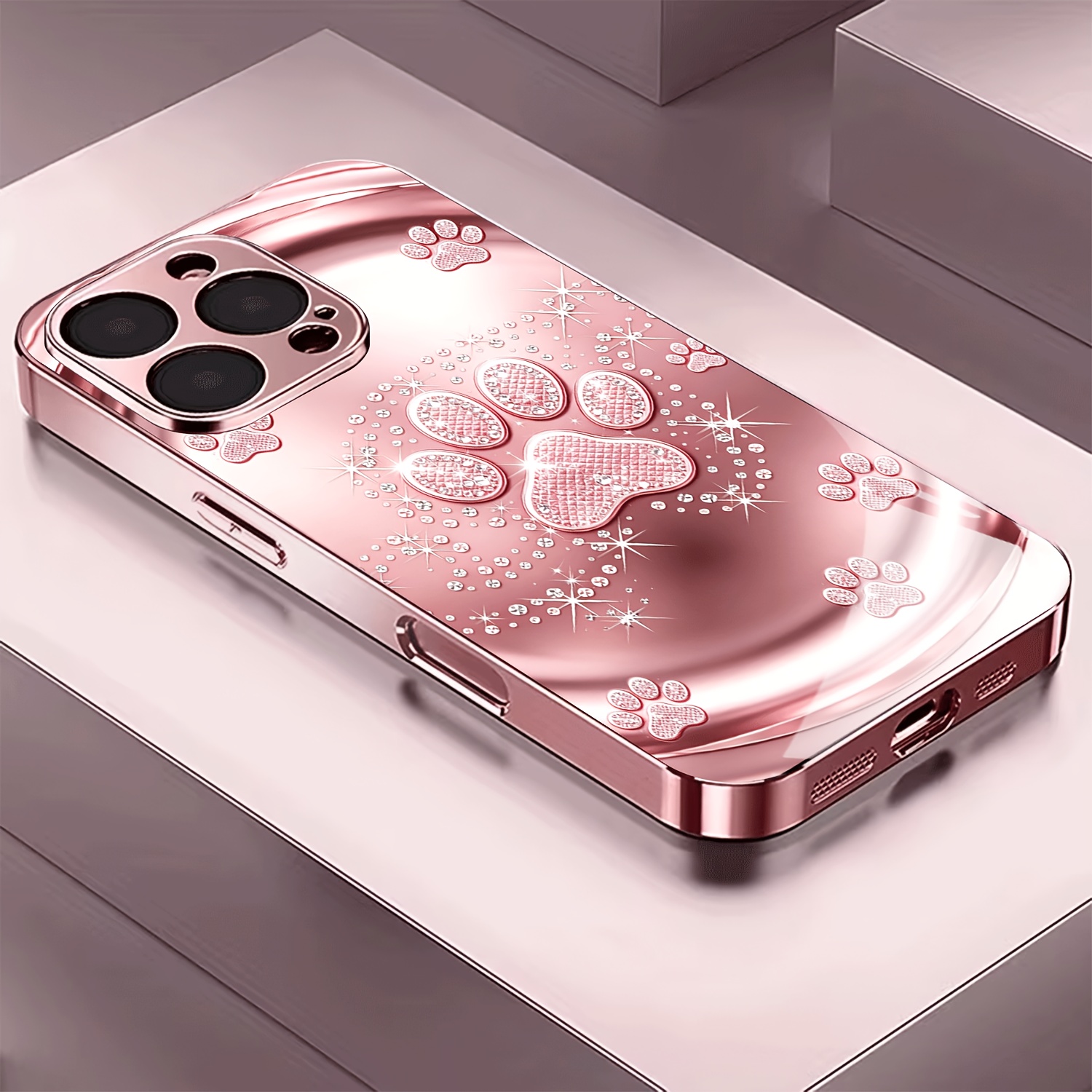 TEMU Phone Case - Light Luxury Rose Print Gemstone Pattern Electroplated Pink Tempered Glass Phone Case Suitable For Iphone