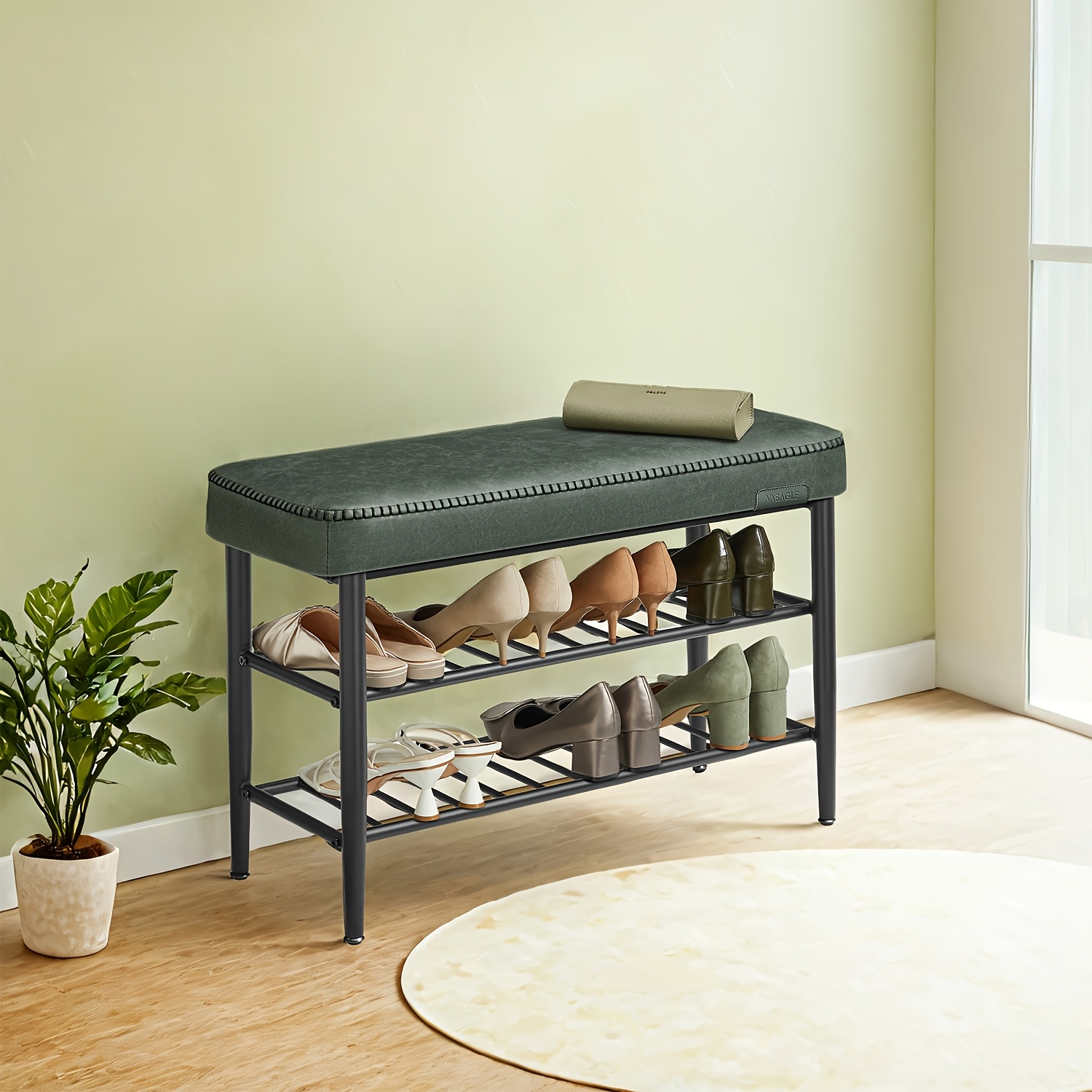 E-shop Schuhbank, Bank, Aufbewahrungsbank, Eingangsbereich, Kunstleder, Nahten, Mid-Century Modern Stil, Modern, Belastbar bis zu 135 kg, Grün