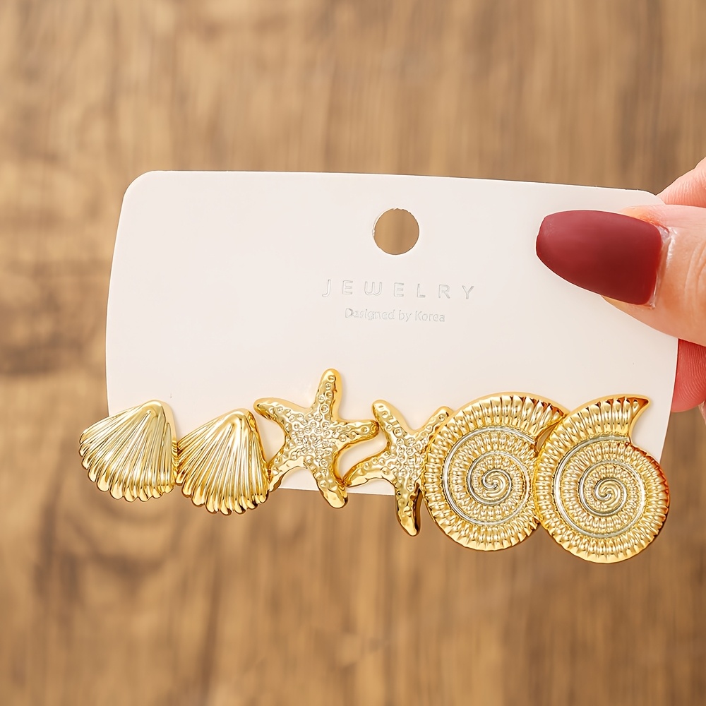 Image of 6pcs Set Of Elegant And Fashionable Ear Studs With Like Seashells And Starfish, Suitable For Women's Vacation Parties And As A Commemorative Gift For Girlfriends