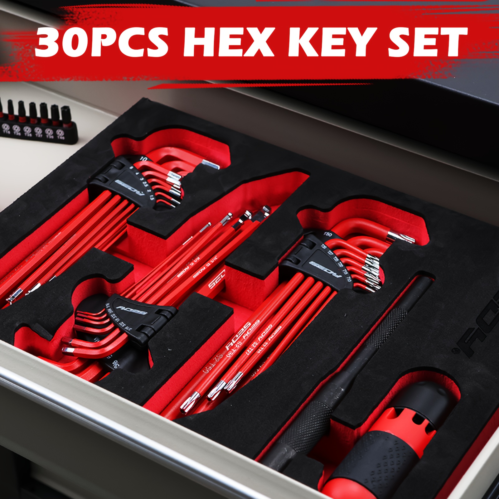 item picture   30pcs long arm ball end l hex torx key set with grip handle   hex key wrench set with t handle and extension bars sae 1 16 to 3 8 metric 1 5mm to 10mm torx t10 to t50