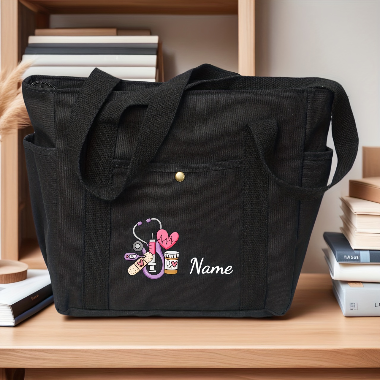 TEMU Women's Nurse-themed Large Tote Bag With Zipper Closure & Multiple Compartments - Heavy-duty Suitable For School, Work, Travel, Commuting -