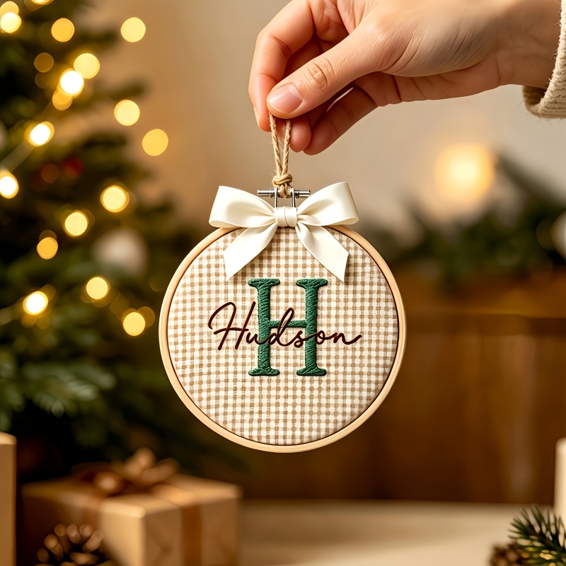 TEMU Personalized Custom Initial Name Embroidered Hoop Christmas Ornament, Fabric Round Embroidery Hoop Hanging Decor, Custom Exclusive Name