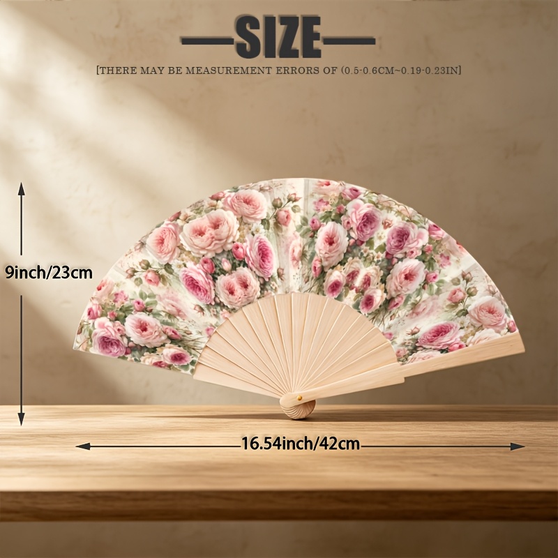 TEMU [23cm Wooden Folding Fan] Soft Pink Print Lightweight Folding Fan, Wooden Folding Fan Summer Cooling Essential Party Atmosphere Maker Music