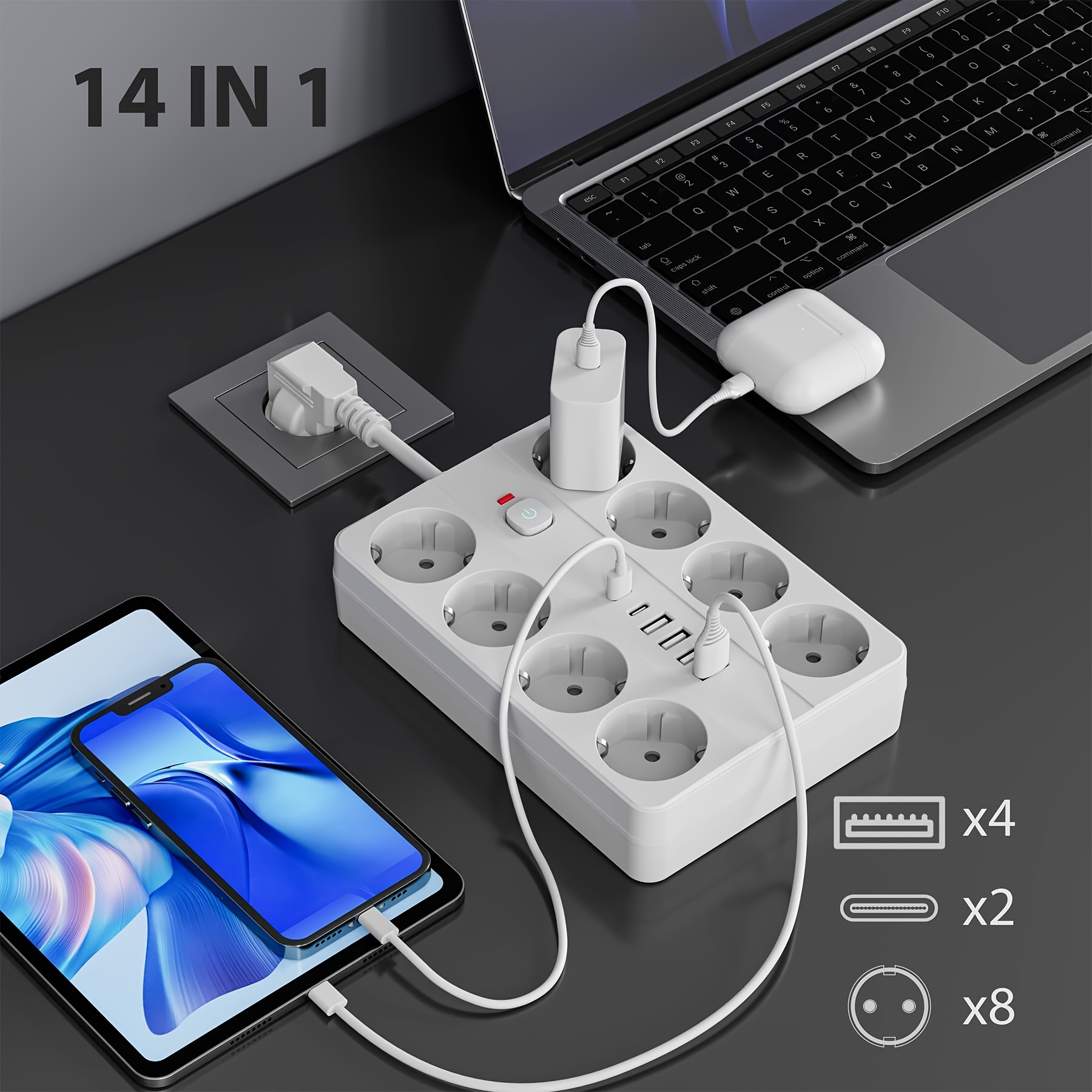 1 бр. 14-в-1 Многофункционална Удължителна Розетка с USB Порт - 8 AC Изхода, 6 USB Порта Включително 2 USB-C, Компактен и Спестяващ Място Дизайн, Идеален за Дома, Офиса, Пътувания и Студентски Стаи