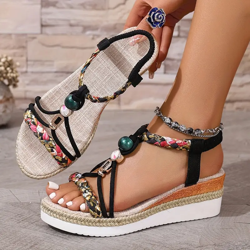 zm bohemian style thick sole heightening elegant and comfortable classic lightweight breathable casual braided elastic wedge sandals Product details 8