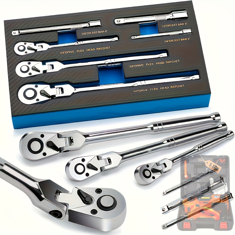 TEMU 3pcs/6pcs Trolley Head Wrench Set, 1/4", 3/8", 1/2" Drive, 72-tooth 180&deg; Adjustable Quick Release Curved Handle Wrench With Eva Sponge Tool Set, Without Battery