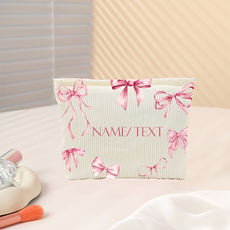 TEMU A Wash Bag Decorated With A Pink Bow Pattern, Personalized With A Name, A Zippered Makeup Pouch, Cute And Portable Storage Bag, Ideal For