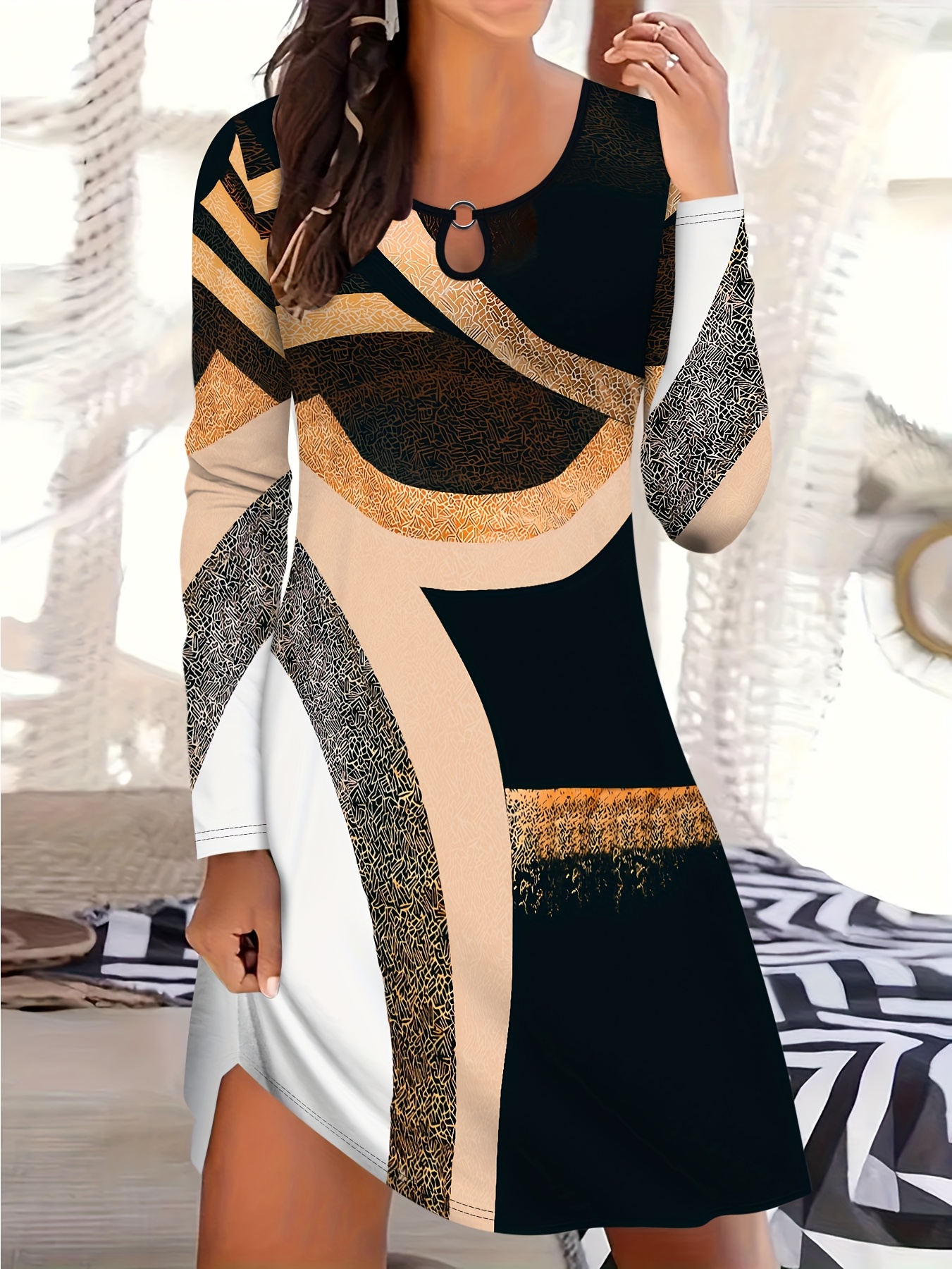 2D Printed Casual Fashion Elegant Vacation Abstract Painting Color Blocking  Geometric Color Block Stitching Striped Graphic Full Body Print Breathable  Round Neck * Long Sleeve T-Shirt Dress New Casual ...