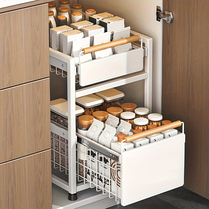 

Easy-install Pull-out Spice Rack For Kitchen Cabinets - Carbon Steel, Space-saving Organizer With Sliding Drawer, Utility Hooks