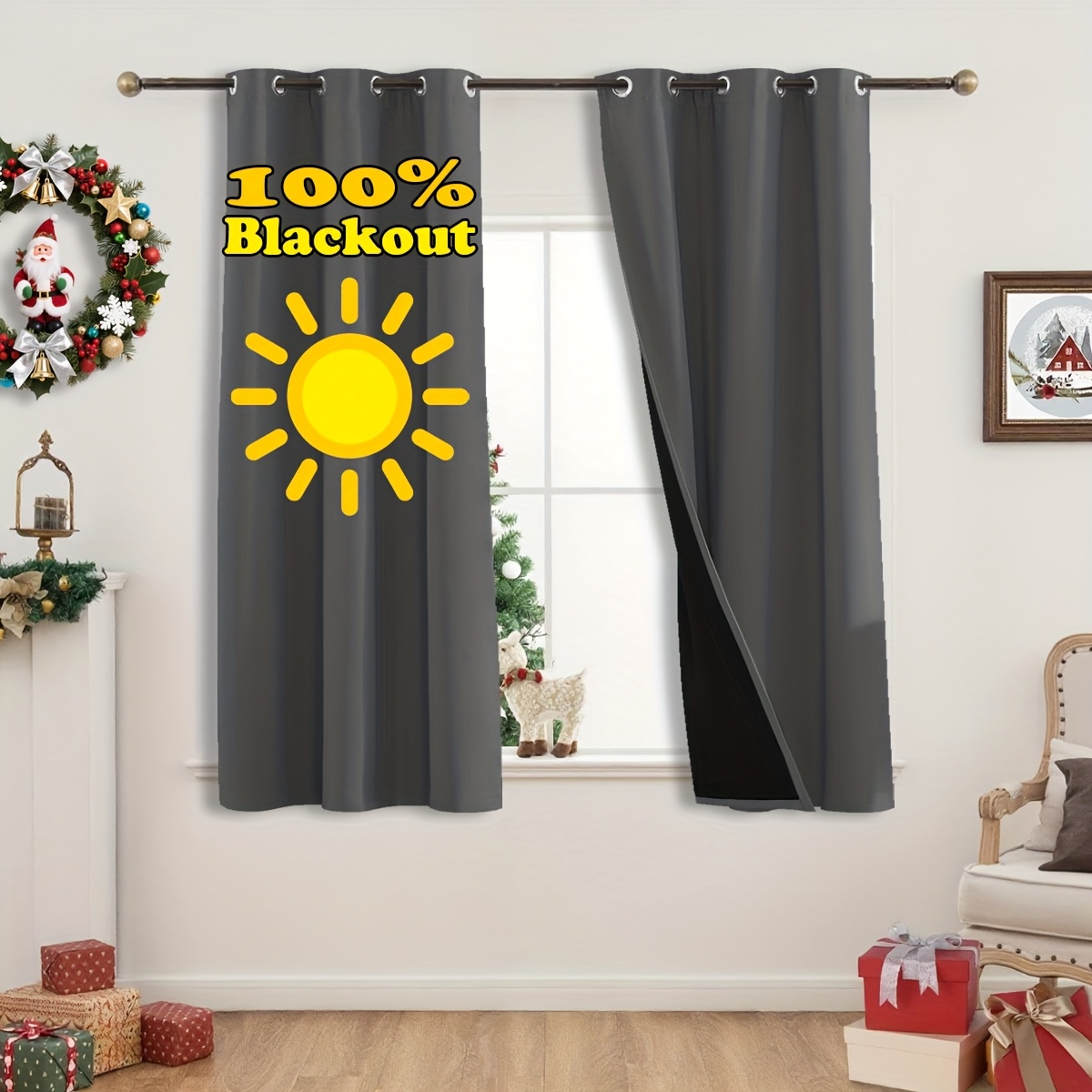 Image of 2 Panels Blackout Curtains Heat Insulation Curtain Panels With Coated Insulation Lining Suitable For Living Room, Bedroom, Kitchen, Bathroom, Home Decor, Room Decor