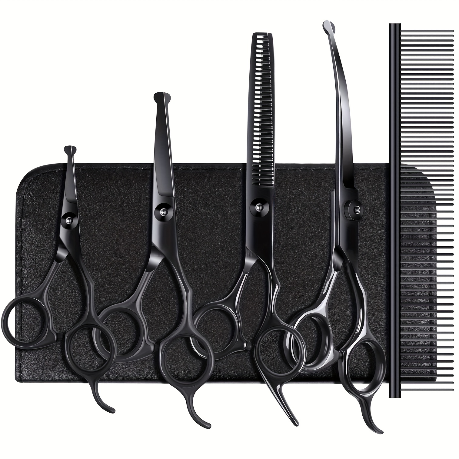 E-shop Schwarzes Rundkopf-Vierfach-Tierschneidemesser-Set mit Kamm, gebogener Schere, Ausdünnungsscheren, Gesichtshaarschere
