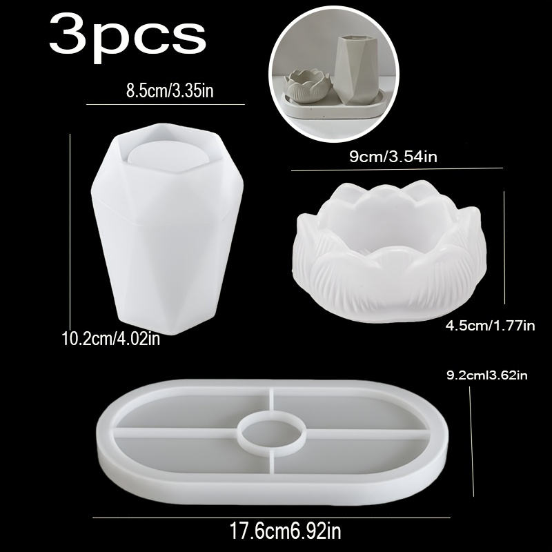 TEMU Ensemble de 3 moules en silicone : Plateau ovale, tasse hexagonale, bol de rangement Lotus | Moules de rangement pour bijoux et bougies, moules