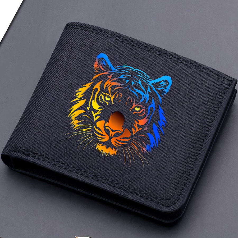 

Stylish Men's Tiger Print Canvas Wallet - Large Capacity With Multiple Card Slots & Coin Purse, Pvc Lining, Black