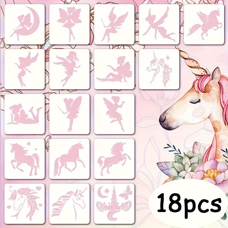 Image of 18pcs Unicorn And Fairy Stencil Set - For Wall Art, Furniture, Fabric Decoration, Scrapbooking, And Paper Coloring - Washable And Reusable, Durable Pet Material, Flexible Stencils, , A Perfect Gift