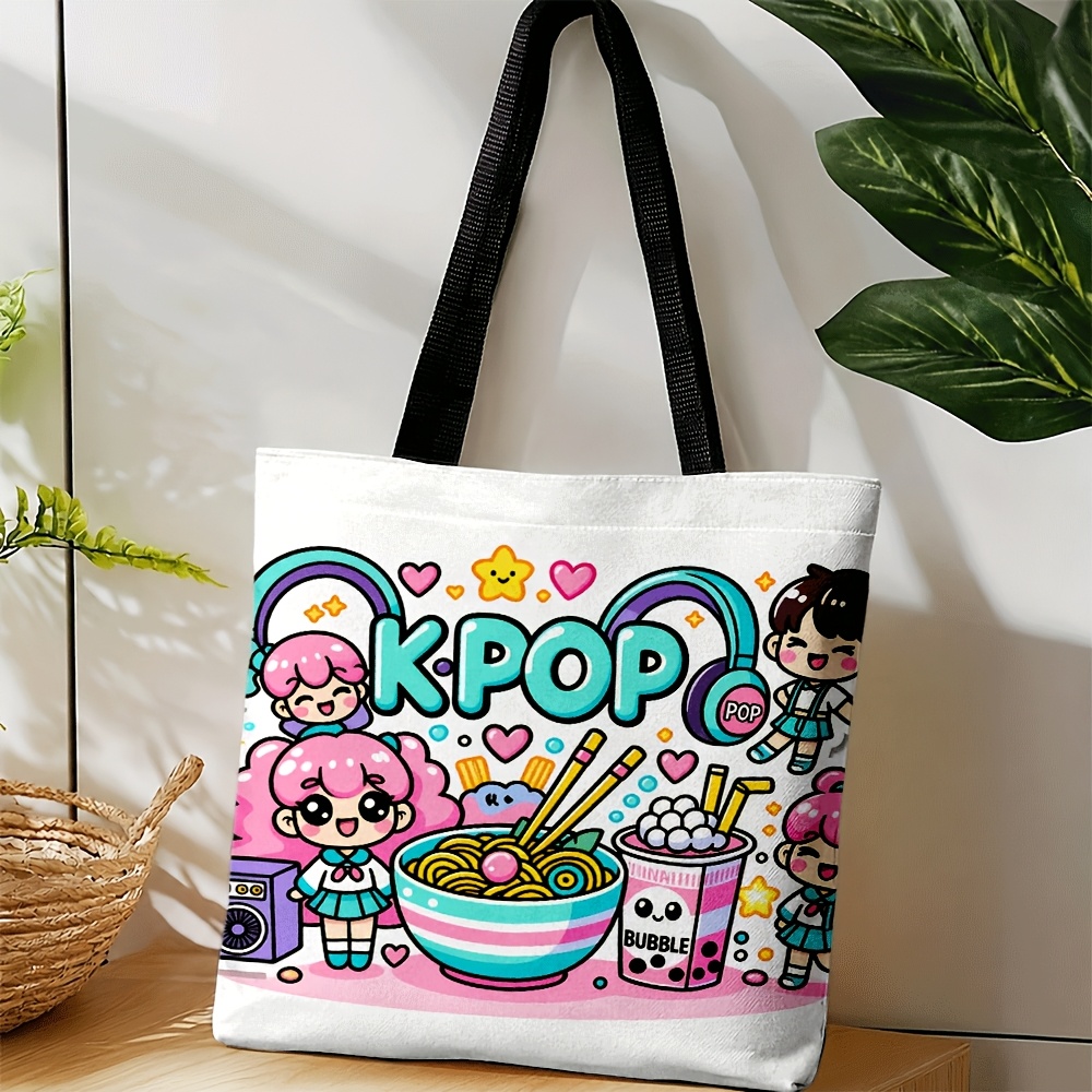 TEMU Sac bandoulière sur le thème KPOP avec imprimé ramen et bubble tea - Sacoche coréenne rose et bleue, lavable en machine, adaptée aux quotidiens,