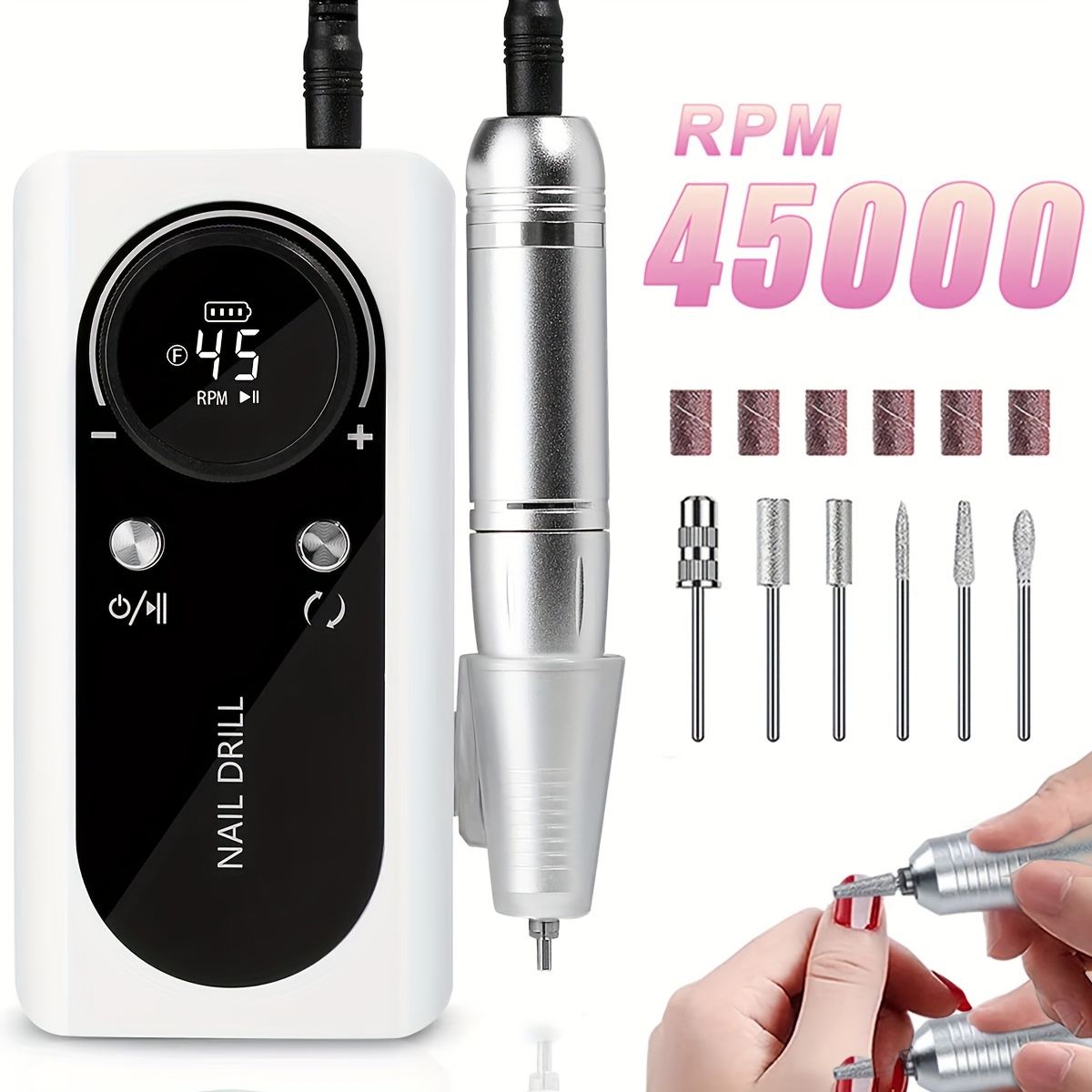 

Rechargeable Nail Drill Machine, 45000 Rpm, Electric Nail File With 6 Drill Bits & Sanding Bands, Multi-function Nail Tool With Power Bank Feature, Low Noise & Vibration, White