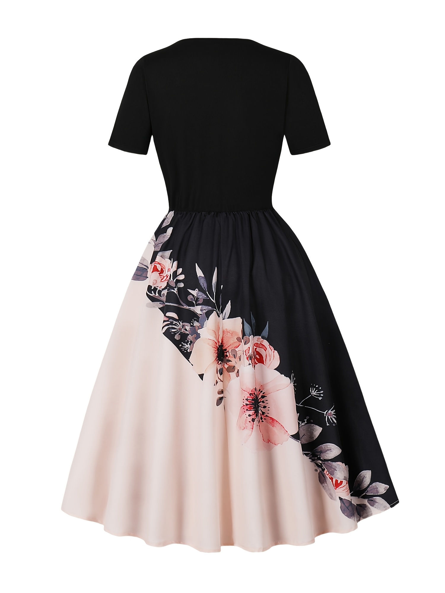elegant floral print short sleeve square neck knee length - Temu